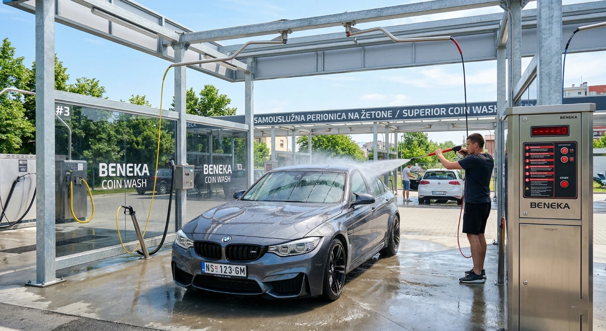 Pranje BMW automobila na samouslužnoj perionici na žetone vodom pod pritiskom
