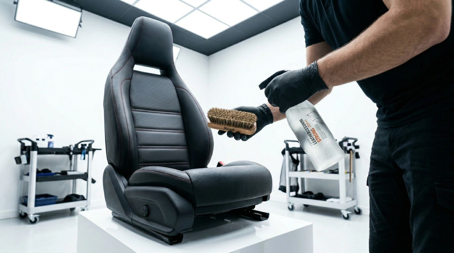 Tehničar nanosi Gyeon Leather Strong hemiju na četkicu umesto direktno na sedište — indirektni protokol čišćenja kože u LaserWash Rumenka