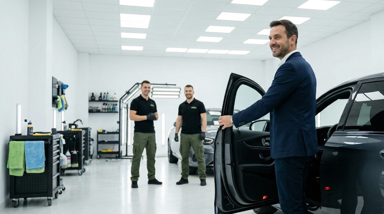 Zadovoljan klijent preuzima automobil od tima LaserWash detailing centra u Rumenka nakon dubinskog pranja