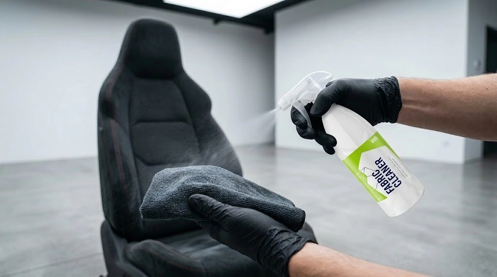 Nanošenje Gyeon FabricCleaner hemije na mikrofiber krpu umesto direktno na alcantara sedište automobila