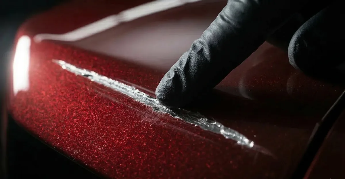 Tehničar u rukavici testira duboku ogrebotinu od ključa na crvenom laku automobila