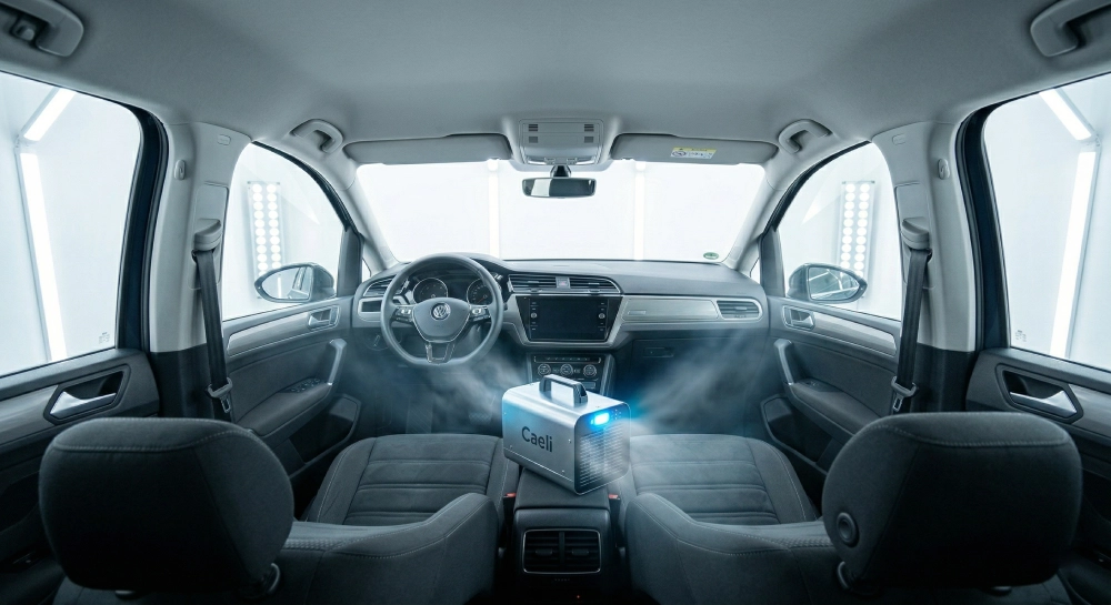 Ozon generator Caeli u kabini VW Touran tokom finalne ozonizacije pri uklanjanju mirisa lule u LaserWash Rumenka