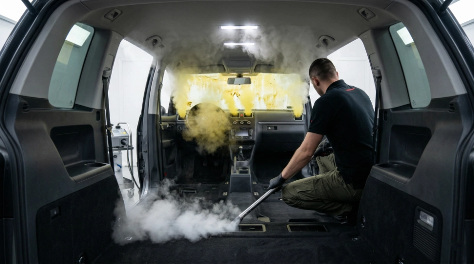 Tehničar LaserWash Rumenka vrši termo-parno otapanje katrana iz ventilacije VW Touran — žute naslage vidljive na nebu kabine