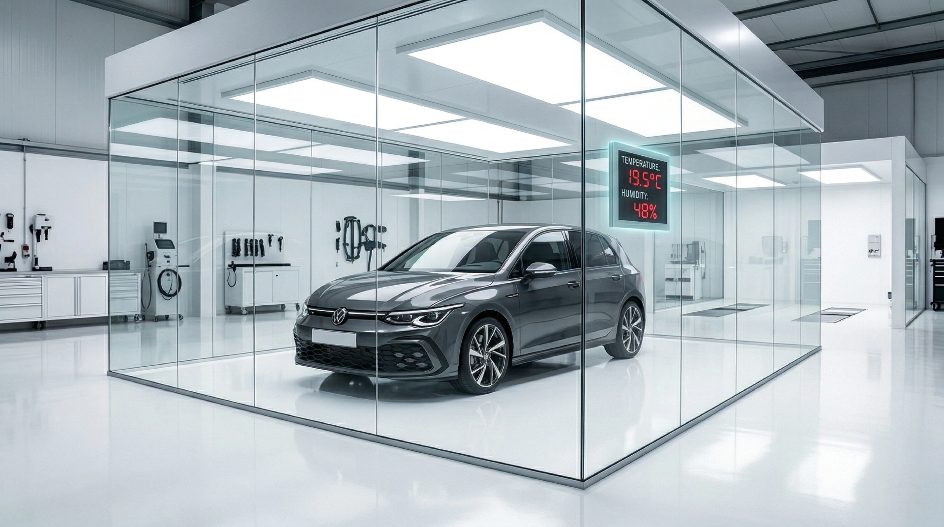VW Golf u kontrolisanom detailing okruženju sa prikazom temperature 19.5°C i vlažnosti 48% — standard LaserWash Rumenka