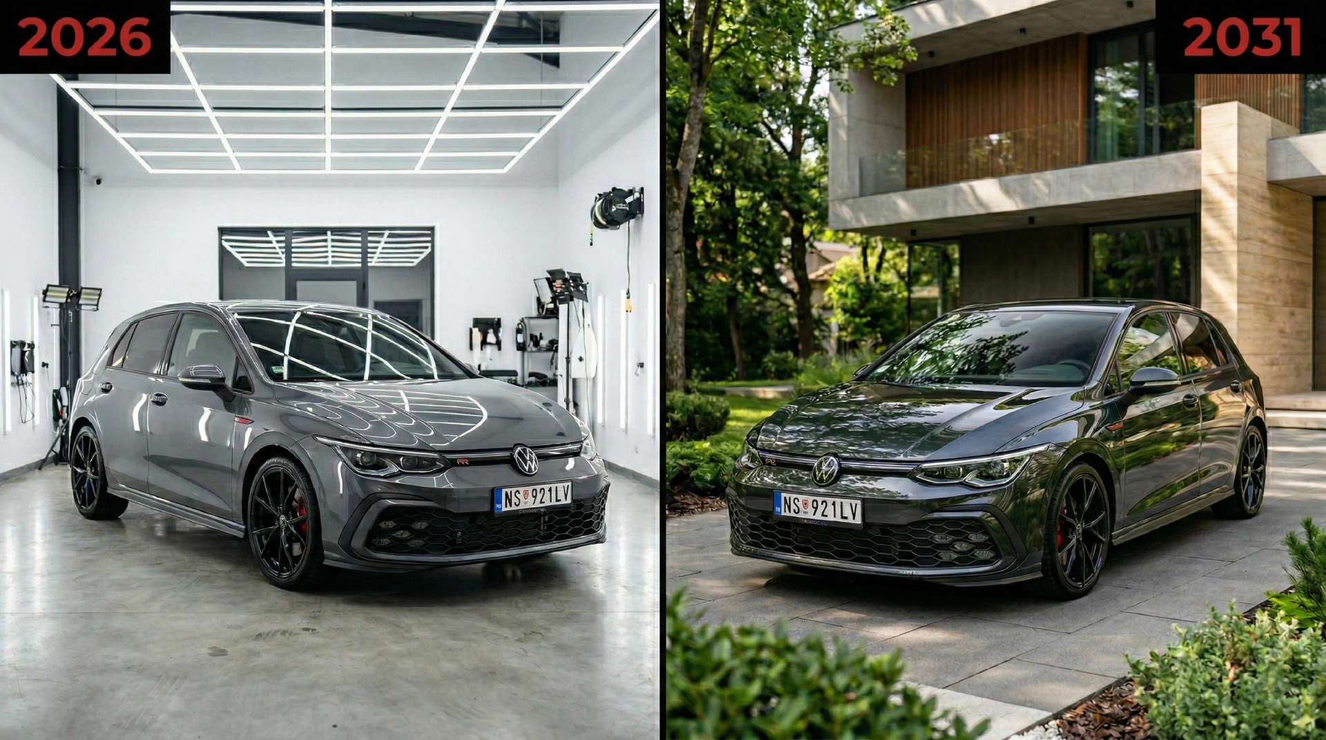VW Golf R u LaserWash studiju 2026 i isti auto sa sačuvanim sjajem ispred kuće 2031 — trajnost keramičke zaštite